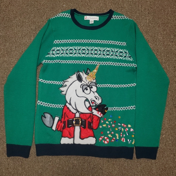 Tipsy Elves Sweaters - Unicorn Ugly Christmas Sweater Crewneck Holiday Size Medium Green